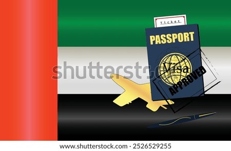UAE Travel Documentation Concept with blue Passport and United Arab Emirates Flag. Approved Stamp. Airplane and Travel Tickets. Ideal for Immigration Tourism and Traveling Themes. Vector EPS available