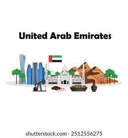 UAE travel flat horizontal composition with tourists attractions national flag clothing dishes natural monuments architecture vector illustration