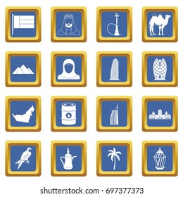 UAE travel icons set in blue color isolated vector illustration for web and any design