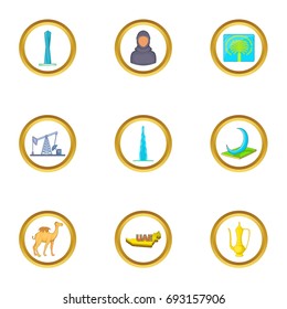 UAE travel icons set. Cartoon set of 9 UAE travel vector icons for web isolated on white background