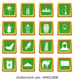 UAE travel icons set in green color isolated vector illustration for web and any design