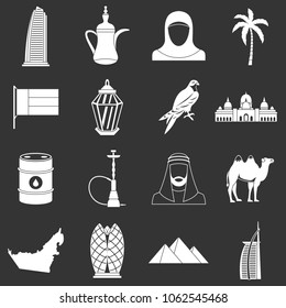 UAE travel icons set vector white isolated on grey background 