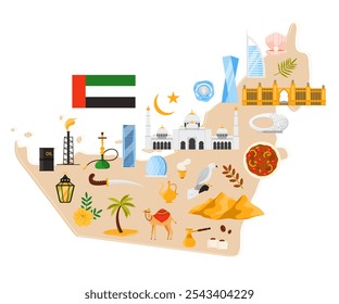 Mapa de viagens dos Emirados Árabes Unidos com elementos culturais e naturais, animais e alimentos, patrimônio e marcos modernos. Burj Al Arab hotel e Sheikh Zayed Grande Mesquita, barril de petróleo e camelo desenho animado vetor ilustração