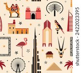UAE travel pattern with famous Emirates attractions, buildings, landmarks and arabic animals. Seamless repeating background with Dubai and Abu Dhabi popular symbols as falcon, Arabian oryx and camel.