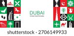UAE travel pattern with famous Emirates attractions, tourist landmarks, arabic animals and local food. Middle East seamless background with arab world popular symbols, souvenirs and monuments