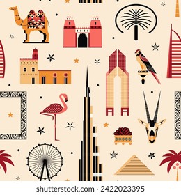 UAE travel pattern with famous Emirates attractions, buildings, landmarks and arabic animals. Seamless repeating background with Dubai and Abu Dhabi popular symbols as falcon, Arabian oryx and camel.