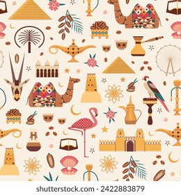 UAE travel pattern with famous Emirates attractions, tourist landmarks, arabic animals and local food. Middle East seamless background with arab world popular symbols, souvenirs and monuments.