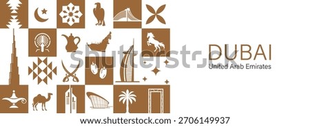 UAE travel pattern with famous Emirates attractions, tourist landmarks, arabic animals and local food. Middle East seamless background with arab world popular symbols, souvenirs and monuments