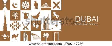 UAE travel pattern with famous Emirates attractions, tourist landmarks, arabic animals and local food. Middle East seamless background with arab world popular symbols, souvenirs and monuments