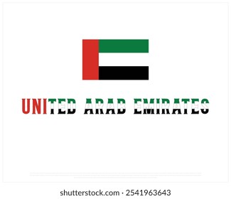 UAE Tipografia com bandeira nacional em um fundo branco, Projeto vetorial editável da tipografia dos EAU com bandeira, Projeto do Dia Nacional, Projeto do dia dos EAU, Bandeira Nacional dos EAU. Emirados Árabes Unidos