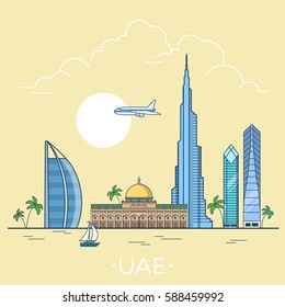 UAE United Arab Emirates country design template. Linear Flat famous historic sight; cartoon style web site vector illustration. World travel and showplace in Asia, Asian vacation collection