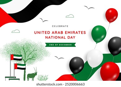 UAE, United Arab Emirates National Day Celebration with balloons, flag, ribbon background.