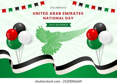 UAE, United Arab Emirates National Day Celebration with balloons, flag, ribbon background.