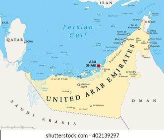 UAE United Arab Emirates political map with capital Abu Dhabi, national borders, important cities and bodies of water. English labeling and scaling. Illustration.