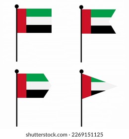 UAE or United Arab Emirates waving flag icon set in 4 shape versions. Collection of flagpole sign for identity, emblem, and infographic. 