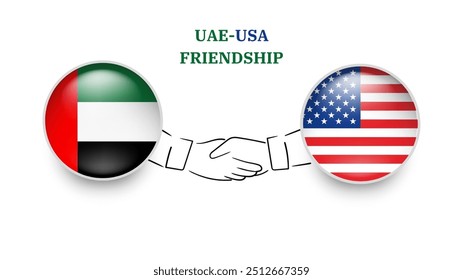 uae e usa bandeiras em círculo com mão tremenda. uae e usa amizade. uae e usa bandeiras, isoladas no fundo branco. Vetor