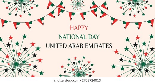 UAE. Vector horizontal banner with UAE flag holiday ribbon firework and text. Happy national day of United Arab Emirates. EPS 10 
