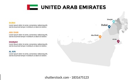 UAE vector map infographic template. United Arab Emirates, Dubai, Abu Dabi, Sharjah, Al Ain. Slide presentation. Global business marketing concept. Asia country. 