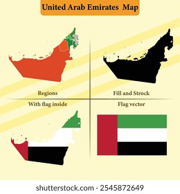 Mapa del Vector de los EAU con superposición de la bandera de silueta negra de las regiones y bandera independiente ideal para infografías de materiales educativos y proyectos de diseño que muestran la geografía e identidad de Azerbaiyán