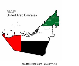 UAE, vector. United Arab Emirates Map divided by region. Administrative division. Map made under the flag of UAE