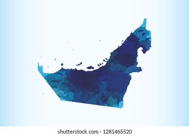 UAE watercolor map vector illustration of blue color on light background using paint brush in paper page