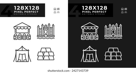 Uae wealth arabic heritage linear icons set for dark, light mode. Famous urban landmarks. Modern emiratis. Thin line symbols for night, day theme. Isolated illustrations. Editable stroke
