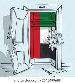 O caminho dos Emirados Árabes Unidos para a liberdade. Ilustração política de uma porta quebrada, mas trancada, com a bandeira nacional. Uma metáfora para luta e esperança.