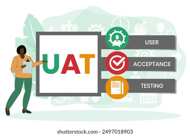 UAT o prueba de aceptación del usuario para el programa de prueba en el ciclo de vida del desarrollo de software del diseño conceptual con el diseño de la ilustración en el fondo blanco aislado