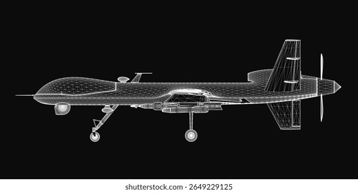 Modelo 3D de UAV mostrado sobre un fondo negro, destacando componentes detallados como alas, sensores y sistema de propulsión. La ilustración técnica enfatiza la precisión.