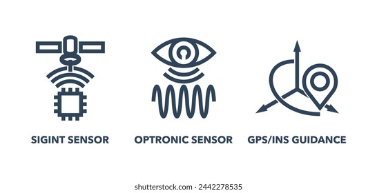 UAV built-in sensors icons set - SIGINT, Optronic sensor, GPS-INS guidance. Pictograms in bold line for vehicle characteristics