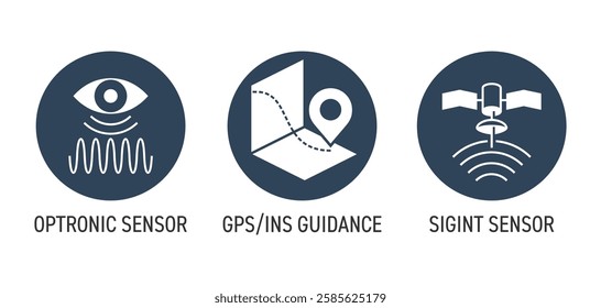 UAV built-in sensors icons set - SIGINT, Optronic sensor, GPS-INS guidance. Square pictograms in monochrome style and circular shape for vehicle characteristics