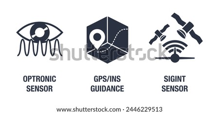 UAV built-in sensors icons set - SIGINT, Optronic sensor, GPS-INS guidance. Flat monochrome pictograms for vehicle characteristics