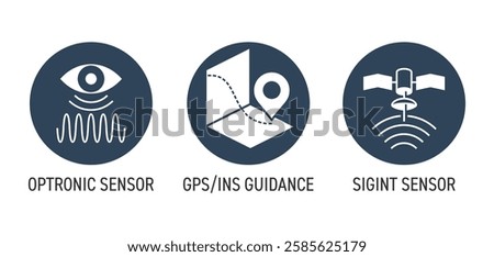 UAV built-in sensors icons set - SIGINT, Optronic sensor, GPS-INS guidance. Square pictograms in monochrome style and circular shape for vehicle characteristics