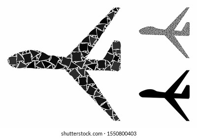 Uav composition of humpy pieces in variable sizes and color tints, based on uav icon. Vector abrupt pieces are organized into collage. Uav icons collage with dotted pattern.
