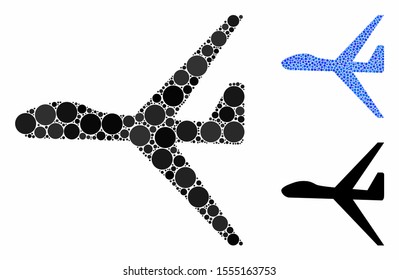 Uav composition of small circles in variable sizes and color tones, based on uav icon. Vector round dots are combined into blue composition. Dotted uav icon in usual and blue versions.