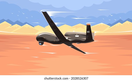 UAV Dron. Military Drone Spy Drone. Vector Illustration Isolated On White Background. A Military Drone Over The Desert. Drone Over The Battlefield. An Eye Of The Military In The Sky. Vector EPS 10