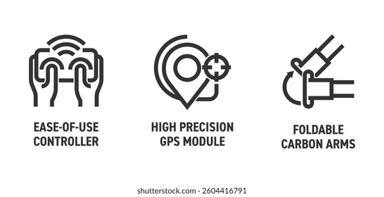 UAV drone properties icons set - High precision GPS module, Foldable carbon arms, Easy-of-use controller. Pictograms for labeling in bold line