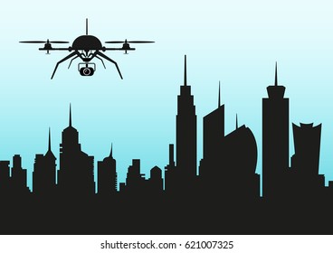 uav Drone with Skyline metropolis of the ideal city, the shape of the urban landscape