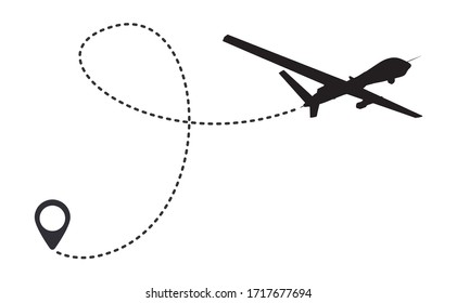 UAV drone tracking on route on white background. Unmanned aircraft trail with dotted line. Traveler tracks marked with dotted lines. 