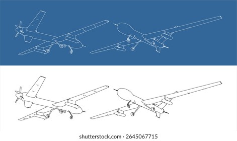 UAV Drones blueprint technical line drawing Isometric view set . Unmanned Military Drone isolated on blue and transparent background