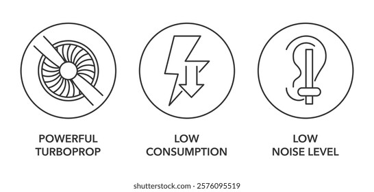 UAV or FPV drone vehicle icons set for engine characteristics - Power turboprop, Low consumption, Low noise level. Properties pictograms in thin line