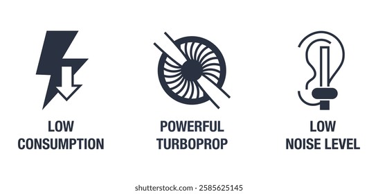 UAV or FPV drone vehicle icons set for engine characteristics - Power turboprop, Low consumption, Low noise level. Properties pictograms in monochrome style