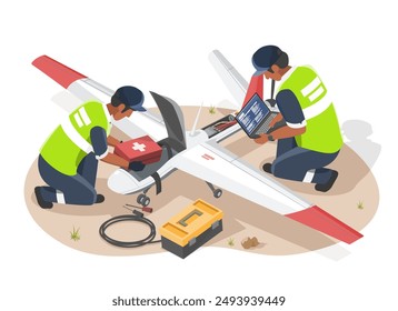 UAV for medical supplies delivery to distant hospital unmanned system black people engineer programing to aerial robot airplane drone isometric isolated industrial concept illustration