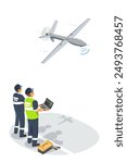 UAV unmanned system engineer test flight aerial robot airplane dron for scaning forecast isometric isolated industrial concept illustration