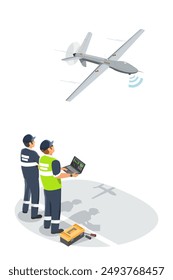 UAV unmanned system engineer test flight aerial robot airplane dron for scaning forecast isometric isolated industrial concept illustration