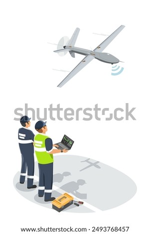 UAV unmanned system engineer test flight aerial robot airplane dron for scaning forecast isometric isolated industrial concept illustration