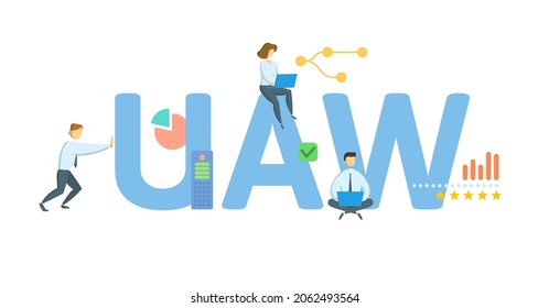 UAW, United Auto Workers. Concept With Keyword, People And Icons. Flat Vector Illustration. Isolated On White.