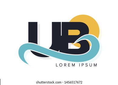 UB letter logo with ocean waves and sunset. Beach concept design