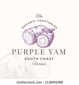 Ube Purple Yam Badge Logo Template. Hand Drawn Vegetable Sketch with Retro Typography Premium Plant Based Vegan Food Emblem Isolated