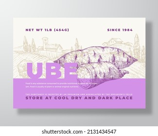 Ube Purple Yam Food Label Template. Abstract Vector Packaging Design Layout. Modern Typography Banner with Hand Drawn Vegetable Root and Rural Landscape Background Isolated